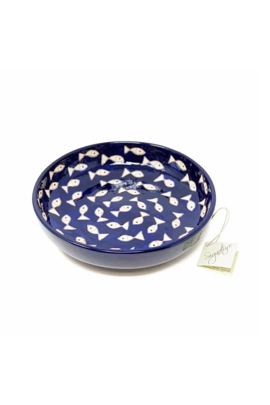 Image of Verano Spanish Ceramics Signature Blue & White Fish Hand Painted Ceramic Kitchen Dining Large Bowl (Diam) 27cm White Unisex