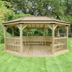 image of 17'x12' (5.1x3.6m) Premium Oval Furnished Wooden Garden Gazebo with Timber Roof - Seats up to 22 people