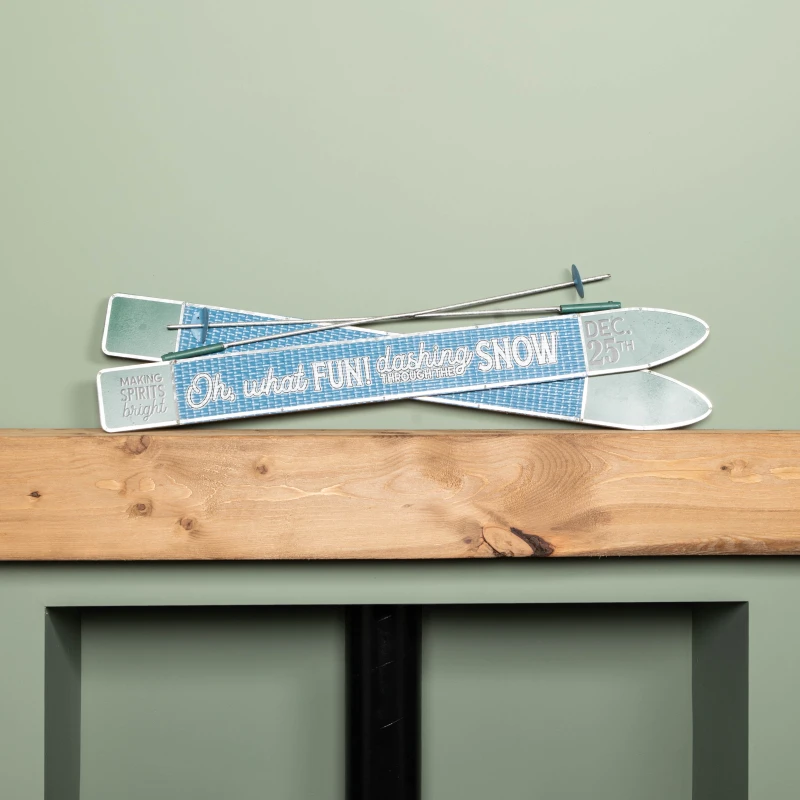 Image of 77cm Blue and Green Metal Hanging Ski Sign Christmas Decoration