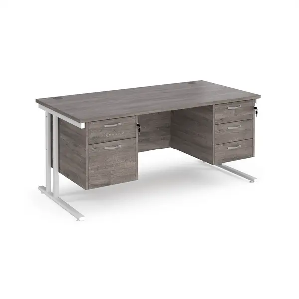 image of Maestro 25 Grey Oak Straight Desk with 2 and 3 Drawer Pedestal and White Cantilever Leg Frame - 1600mm x 800mm