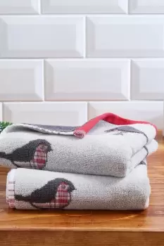 Image of 'Christmas Robin' Festive 100% Cotton Jacquard Hand Towels (Twin Pack)