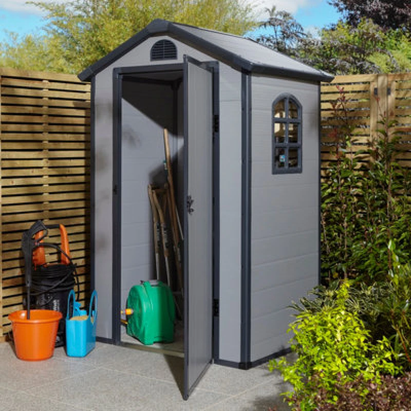 Image of Rowlinson Airevale 4X3 Plastic Apex Shed Light Grey With Foundation Kit, Grey AI43APXLGFKI