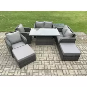 Image of Fimous 6 Seater Outdoor Dark Grey Rattan Lounge Complete Sofa Set with Adjustable Dining Table and 2 Footstools