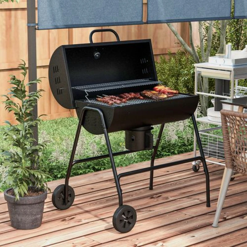 Image of Outsunny Charcoal Barbecue Grill with Wheels and Ash Catcher, Barrel BBQ Trolley Smoker Black