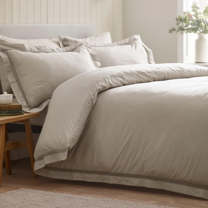 Image of Catherine Lansfield Catherine Lansfield 'Classic Lattice Lace' Duvet Cover Set in Natural Size: Super King Natural Super King Unisex 5057681190037
