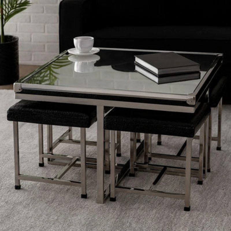 Image of Orsina 5Pc Crocodile Leather Effect Table And Stool Set, Mirrored Glass Coffee Table With Stool, Large Coffee Table