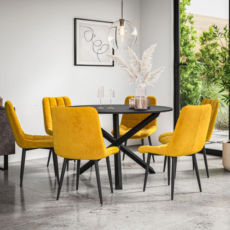 Image of More4Homes Malvern Round Dining Table And Chairs - Black Table Top W Solid Black Oak Legs + Nova Velvet Dining Chair Set Of 6 (Mustard)