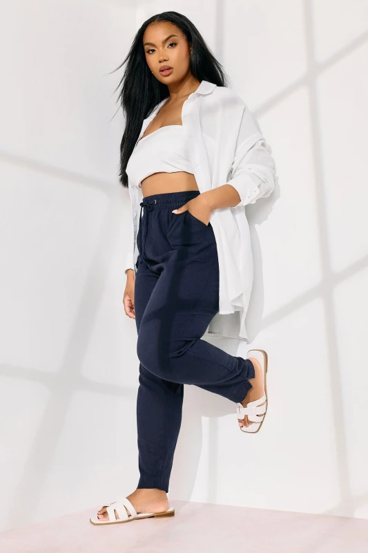 Image of Yours Womens Linen Tie Front Joggers in Dark Navy Size: 26-28 Dark Navy Female 26-28