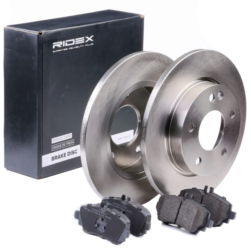 Image of RIDEX 3405B0067 Brake disc and pads set Front Axle, Brake Disc Type: Solid, excl. wear warning contact Brake Set,disc brakes (3405)