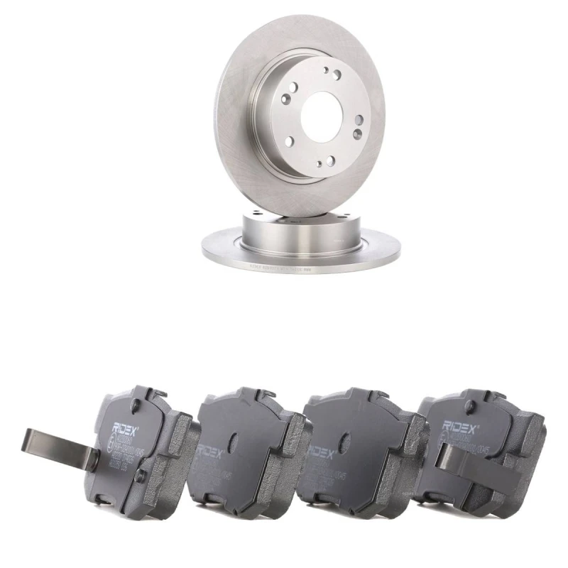 Image of RIDEX 3405B2454 Brake disc and pads set Rear Axle, Brake Disc Type: Solid, with acoustic wear warning Brake Set,disc brakes (3405)