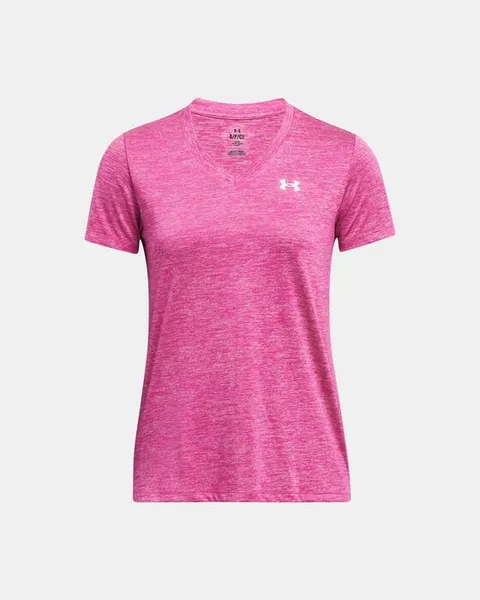 image of Under Armour Womens Tech Twist Short Sleeve V Neck T Shirt S- Bust 33.5- 35.5' Rebel Pink Elixir White 1384227-652-S