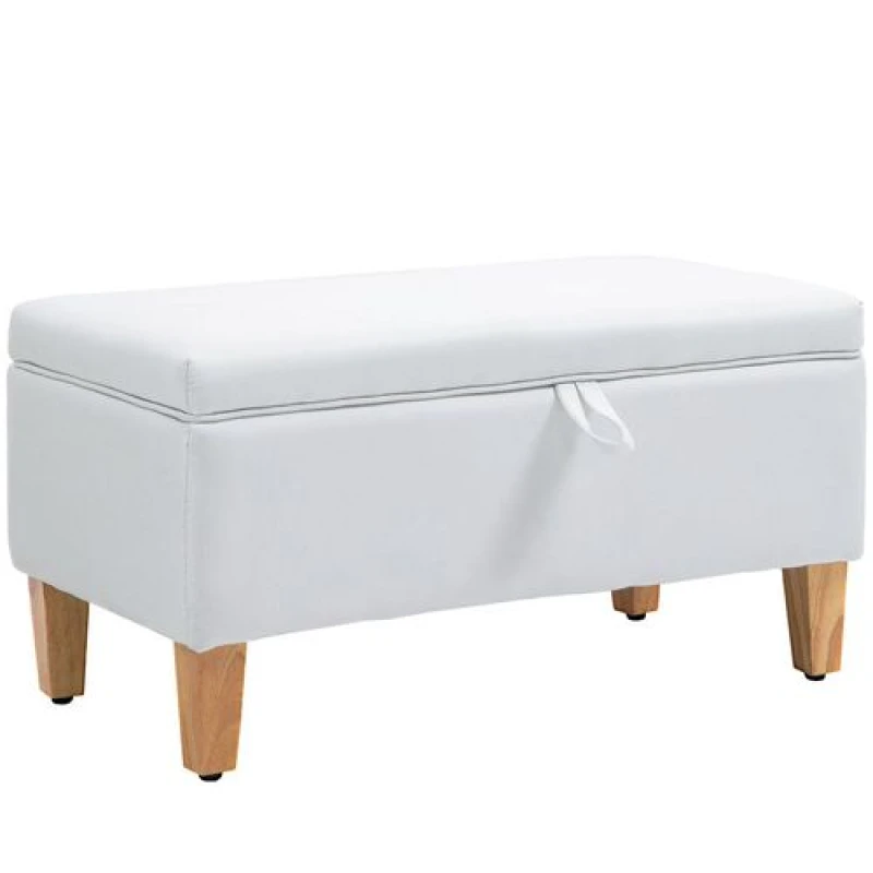 Image of HOMCOM Linen Storage Ottoman Storage Box Footstool with Rubberwood Legs Cream Off White