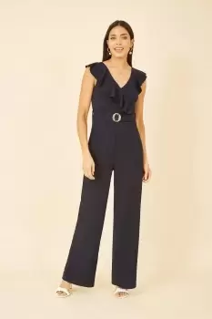 Navy Jumpsuit With Gold Buckle and Frill Detail