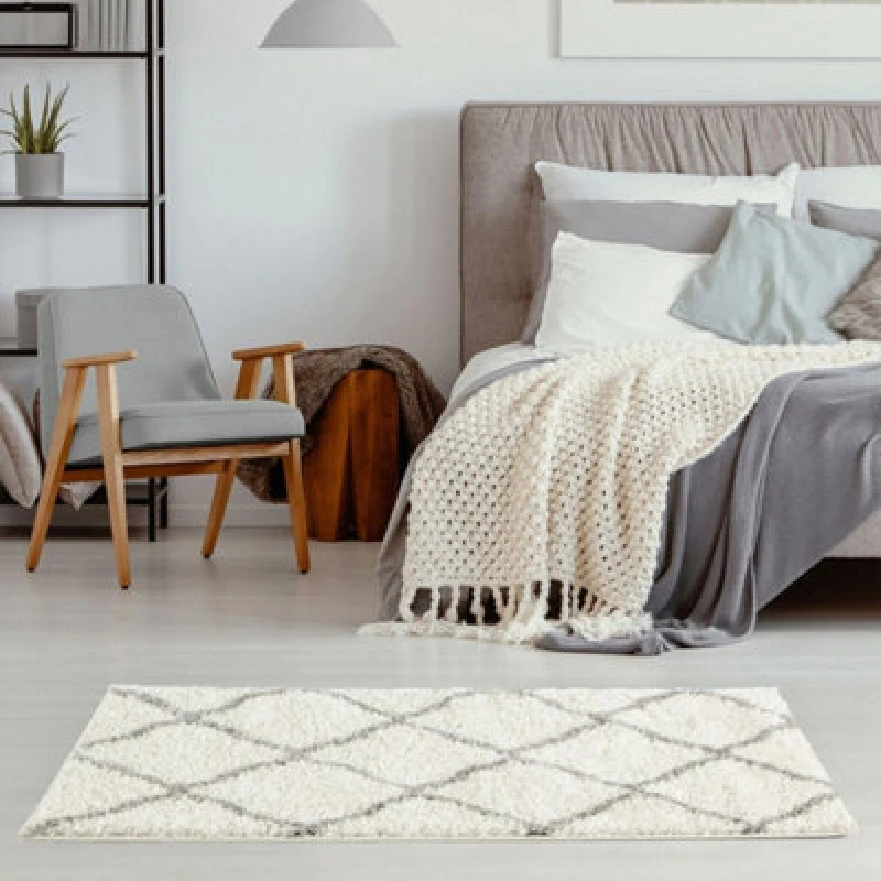 Image of THE RUGS Soft Moroccan Shaggy Rugs & Runners Ivory & Grey Living Room Size: 80cm x 150cm Ivory Unisex 80cm x 150 cm