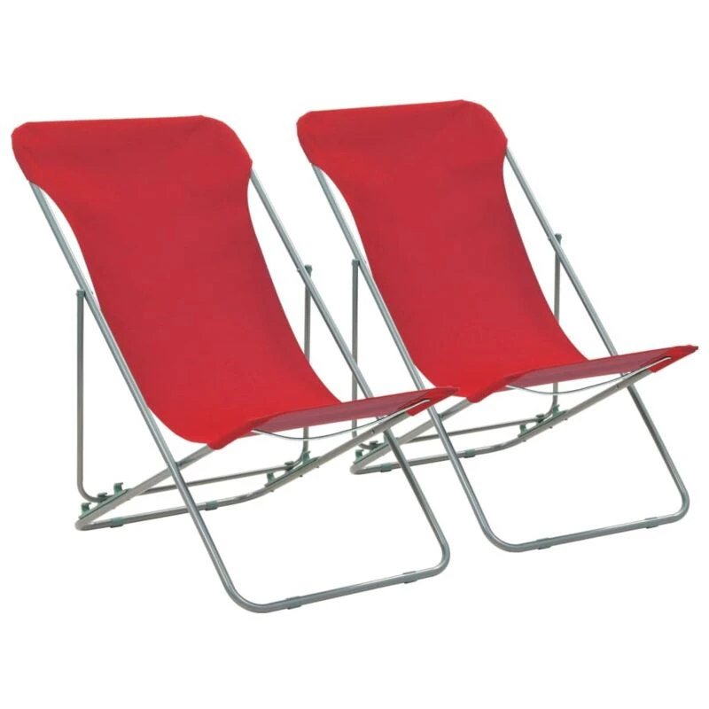 Image of vidaXL 2x Folding Beach Chair Red Steel and Oxford Fabric Pool Camping Seat