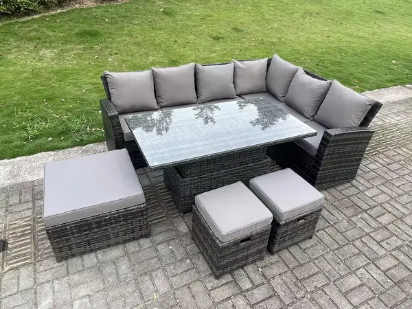 Image of Fimous 6 Seater Outdoor Dark Grey High Back Rattan Lounge Complete Sofa Set with Adjustable Dining Table, 2 Stools and Big Footstool