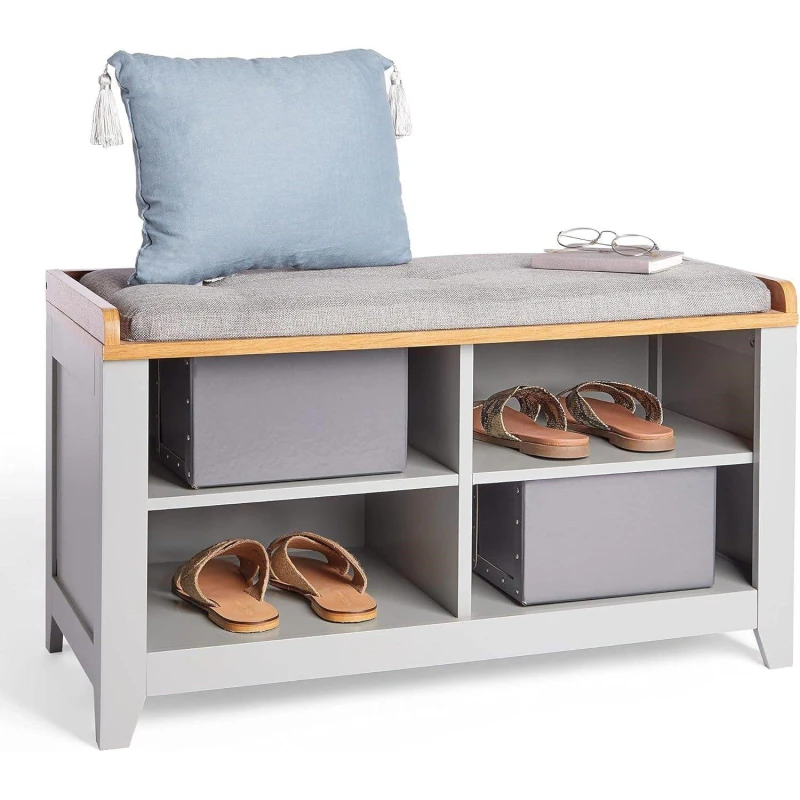 Image of VonHaus Padded Seat Hallway Storage Bench with 4 Shelves Grey