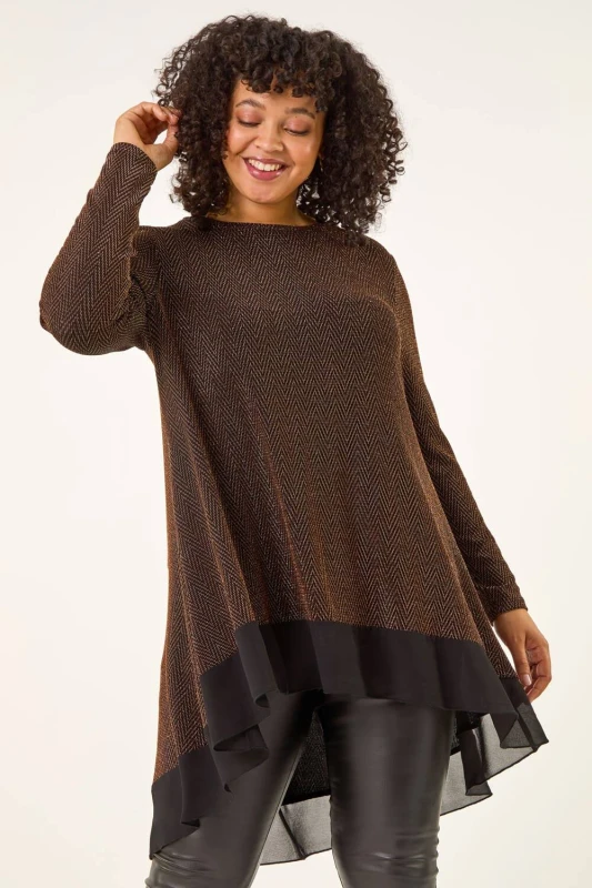 Image of Roman Womens Curve Glitter Chiffon Hem Tunic Top in Bronze Size: 18 Bronze Female 18
