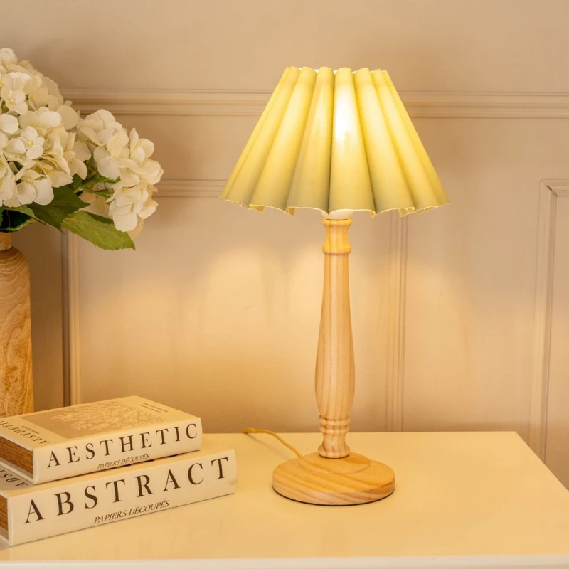 Image of ValueLights Victoria Light Wood Candlestick Stem Table Lamp with Scallop Tapered Lamp Shade Pale Green
