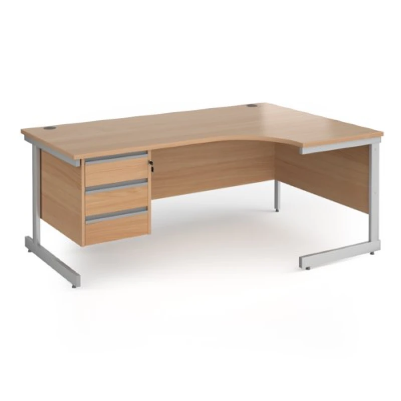 Image of Contract 25 Right Hand Silver Frame Ergonomic Office Desk with 3 Drawer Pedestal - 1800mm - Beech
