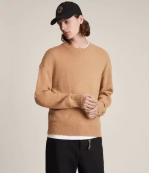 Image of AllSaints Mens Luxor Organic Wool Crew Jumper, Camel Brown, Size: M