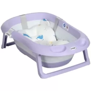 image of ZONEKIZ Foldable Baby Bath Tub, Bath Tub with Non-Slip Support, Cushion Pad, Drain Plugs, Shower Head Holder, for Newborn to 6 Years - Purple