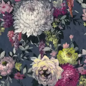 Image of Navy Azzura Floral Wallpaper Pink Purple Grey Flower Natural