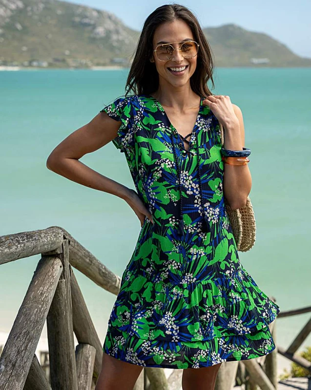Image of Pour Moi? Gracie Crinkle Frill Swing Beach Dress Tropical - Pour Moi? - Size: 14 Tropical Female 14 XY85004