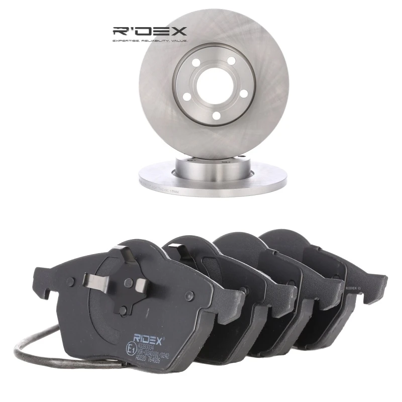 Image of RIDEX 3405B1995 Brake disc and pads set Front Axle, Brake Disc Type: Solid, incl. wear warning contact Brake Set,disc brakes (3405)