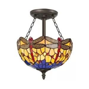 Image of 3 Light Semi Flush Ceiling E27 With 30cm Tiffany Shade, Blue, Orange, Crystal, Aged Antique Brass - Luminosa Lighting