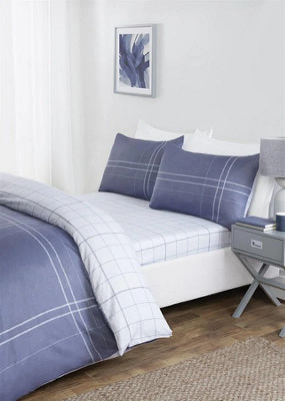 Image of Rapport Home Hudson Microfibre Polyester Check Complete Duvet Set With Pillowcase Mid Navy
