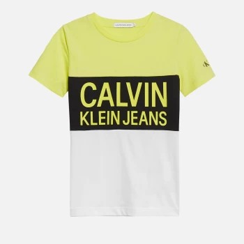 Image of Calvin Klein Jeans Boys Colour Block Logo Fitted T-Shirt - Yellow Lime - 12 Years