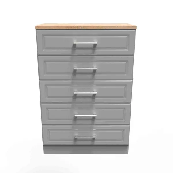 image of Welcome Furniture Ready Assembled Kent 5 Drawer Chest In Dusk Grey &#38; Oak