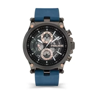 image of Police Taman Blue Leather Strap Watch with Grey/Rose Gold Dial