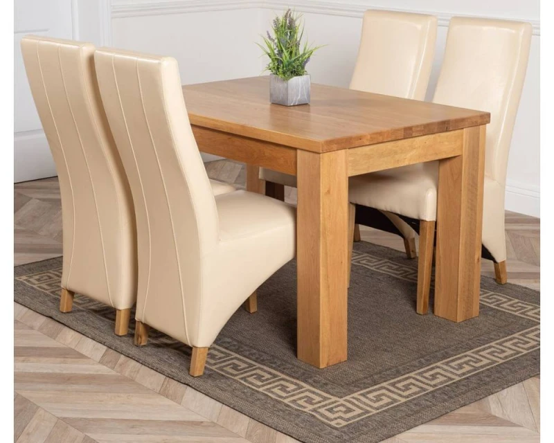 Image of Thats Furniture Dakot 127 x 82cm Oak Small Dining Table & 4 Lola Leather Chairs in Cream Size: 127 x 82cm Cream Unisex 127 x 82 cm