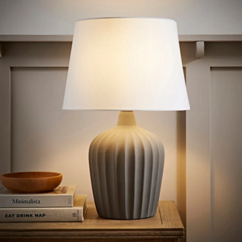 Image of ValueLights ValueLights Serena Natural Tapered Linen Lamp Shade Ribbed Ceramic Table Lamp with LED Bulb in Grey Grey One Size Unisex 5059406065972