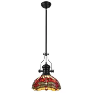 image of Luminosa Luiz, Ceiling Pendant E27 With 30cm Tiffany Shade, Matt Black, Purple, Pink, Crystal