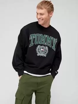 Image of Tommy Jeans Boxy College Graphic Crew Neck Sweatshirt - Black, Size L, Men