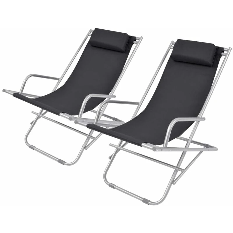 Image of vidaXL 2x Reclining Deck Chairs Black Steel Outdoor Sunloungers Swing Chairs