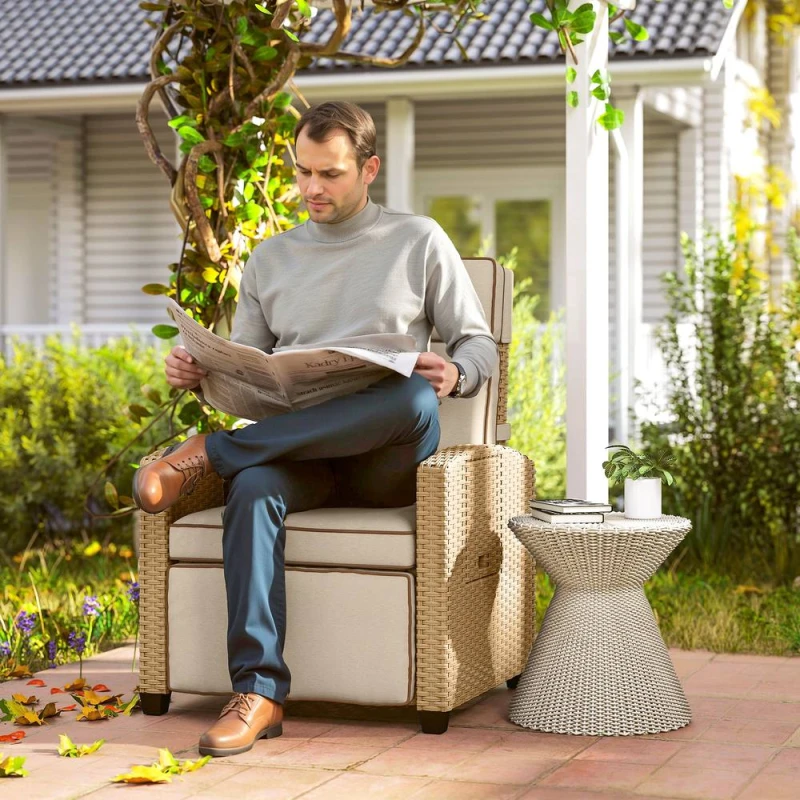 Image of Outsunny Rattan Garden Recliner Sun Lounger w/ Flip Table, Dark Brown/Brown, Brown 867-274V70KK