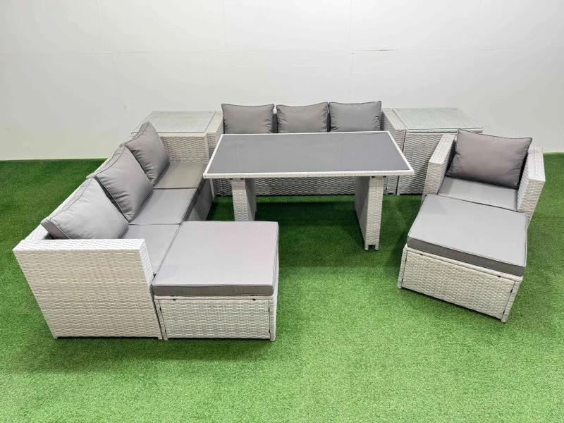 Image of FIMOUS Patio Garden Furniture Sets with Black Glass Top Dining Table 3 Seater Sofa Armchair 2 Side Tables 2 Big Stool Light Grey - Fimous B40001010609