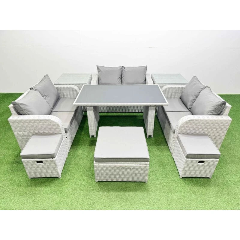 Image of Fimous 9 Seater Patio Garden Furniture Sets with 2 Side Tables 3 Stool in Light Grey Light Grey Unisex