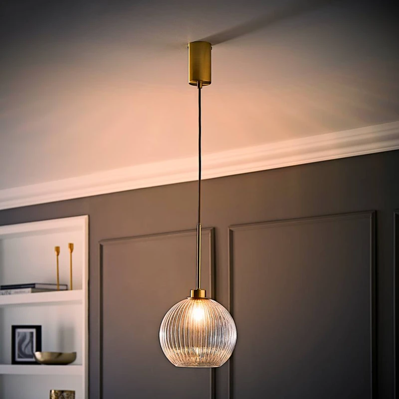 Image of ValueLights Maddison Clear Ribbed Glass Shade Brushed Gold Ceiling Pendant Light with Bulb Clear Unisex