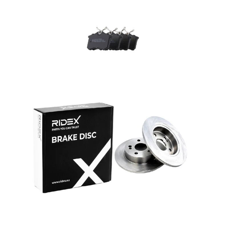 Image of RIDEX 3405B2417 Brake disc and pads set Rear Axle, Brake Disc Type: Solid, without integrated wear sensor Brake Set,disc brakes (3405)