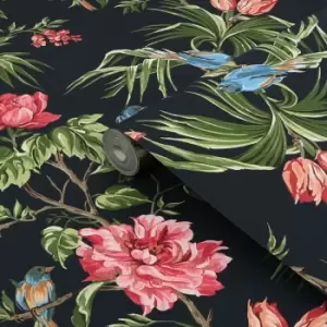Image of Next Birds & Blooms Navy Floral Smooth Wallpaper