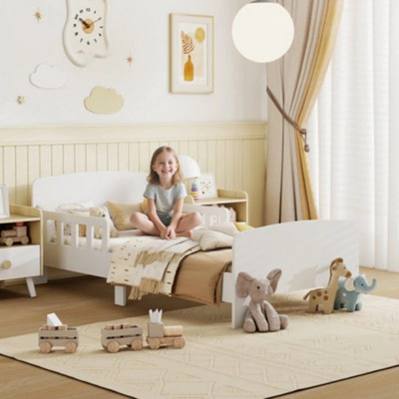 Image of AIYAPLAY Kids Toddler Bed Frame with Safety Side Rails for 3-8 Years, White White Unisex