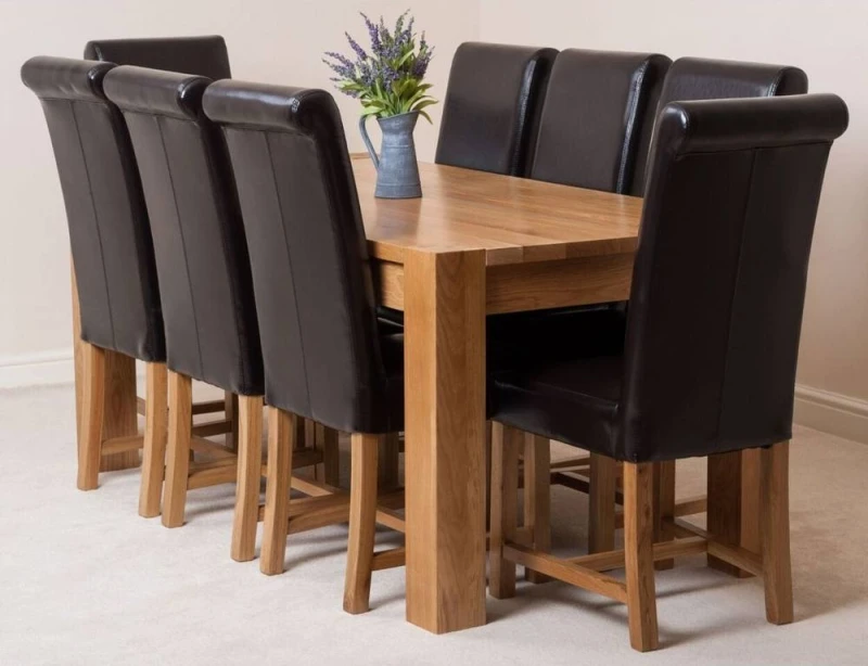 Image of Thats Furniture Kuba 180 x 90cm Chunky Oak Dining Table & 8 Washington Leather Chairs in Brown Brown Unisex 180 x 90 cm