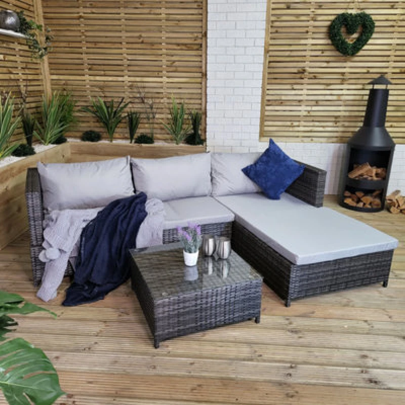 Image of Samuel Alexander 3PC 4 Seater Brown Rattan Chair Garden Sofa Set Daybed With Grey Cushions and Glass Top Coffee Table Brown unisex