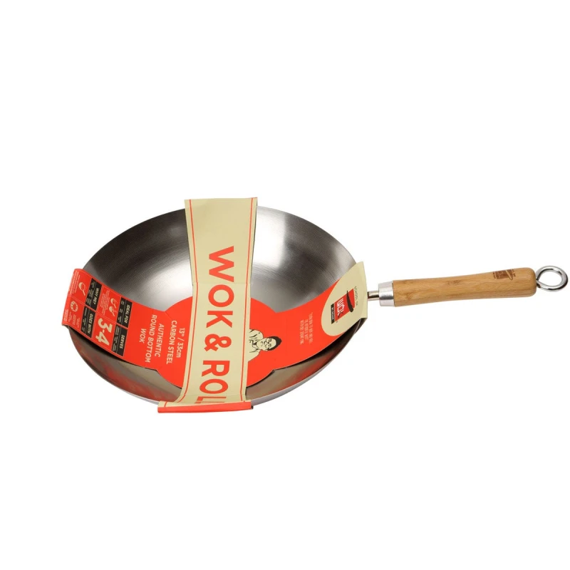 Image of School Of Wok "wok And Roll" Carbot Steel Round Bottom Wok, Silver, 13-Inch
