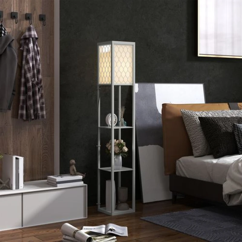 Image of HOMCOM HOMCOM Floor Lamp Standing Light with 3 Open Shelves for Living Room in Light Grey Light Grey One Size Unisex 5063603030343